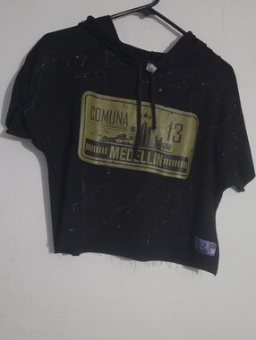 Black Crop Hoodie with Yellow Medellin Graphic